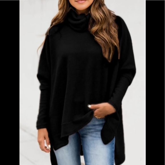 Casual Turtleneck Batwing Sleeve Side Slit Loose Knitted Pullover Tunic Sweater - Picture 5 of 12